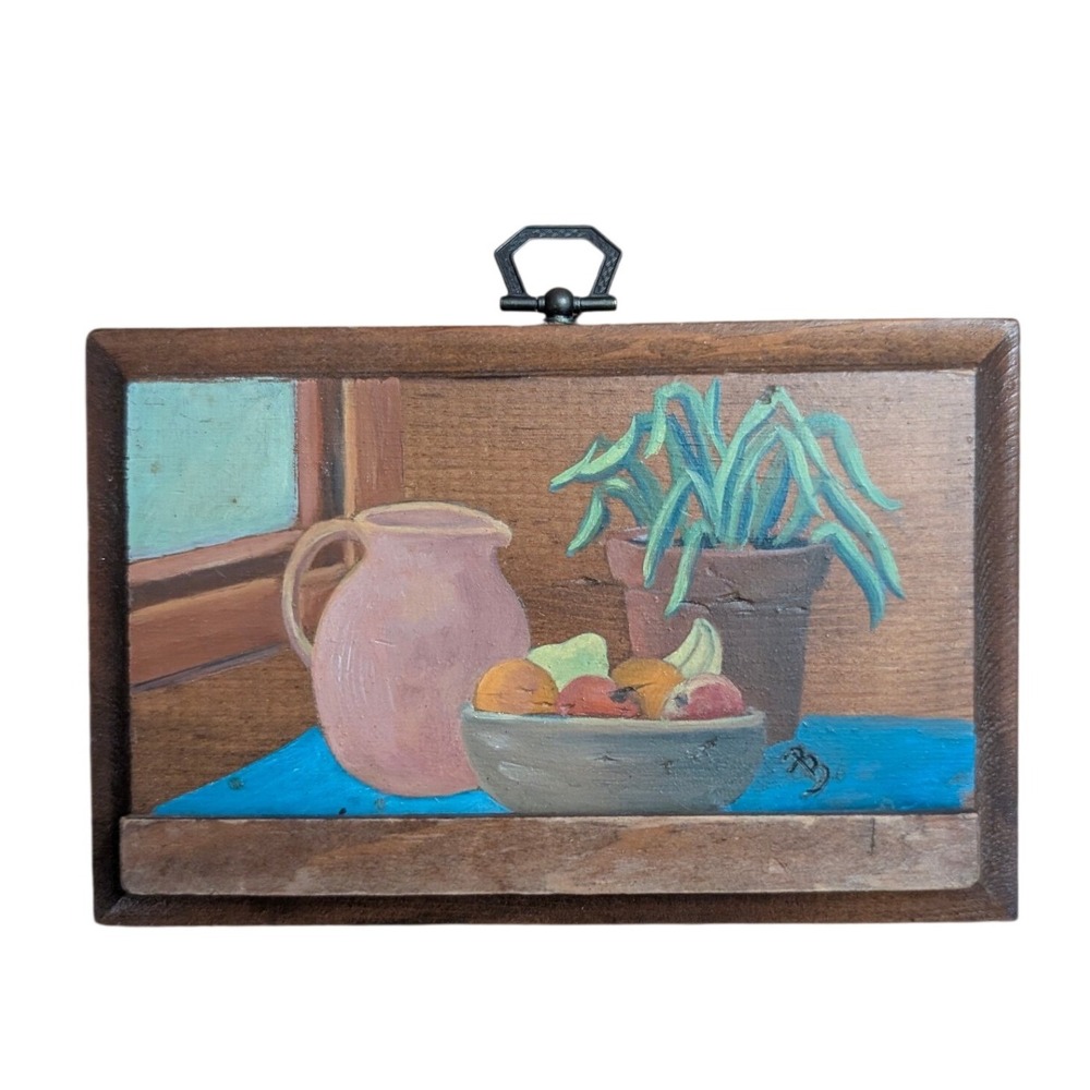 Vintage Hand Painted Wood Plaque Still Life Fruit Pitcher Folk Art Wall Decor